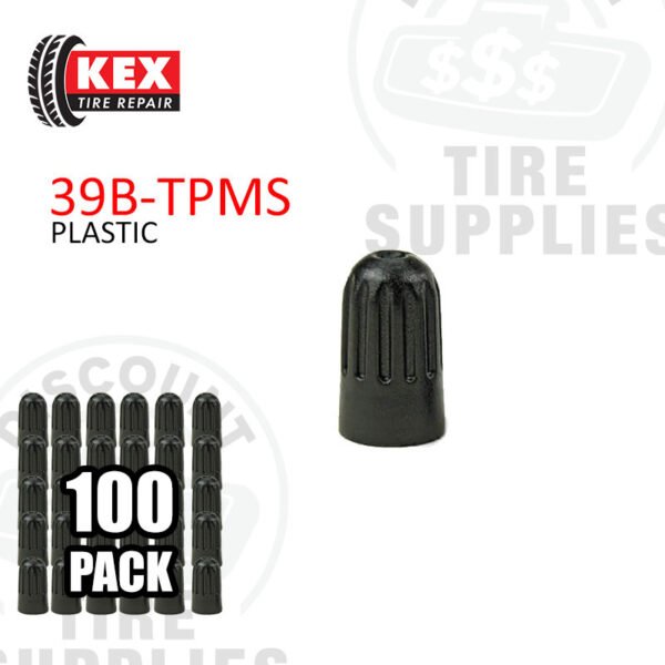 Kex Tire Repair | Long Black Plastic Valve Cap with Seal - TPMS Compatible - 100 PACK - 39B-TPMS