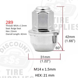 Chrome Bulge Seat Lug Nut For Ford F-150 - Thread Size 14mm x 1.50 - 289